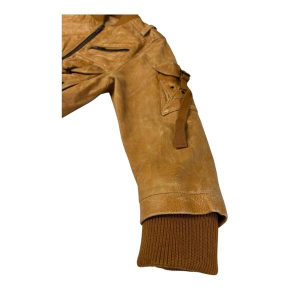 Vintage DA-NANG S Brown Distressed Leather Ribbed Knit Waistband Bomber Jacket - Picture 7 of 16